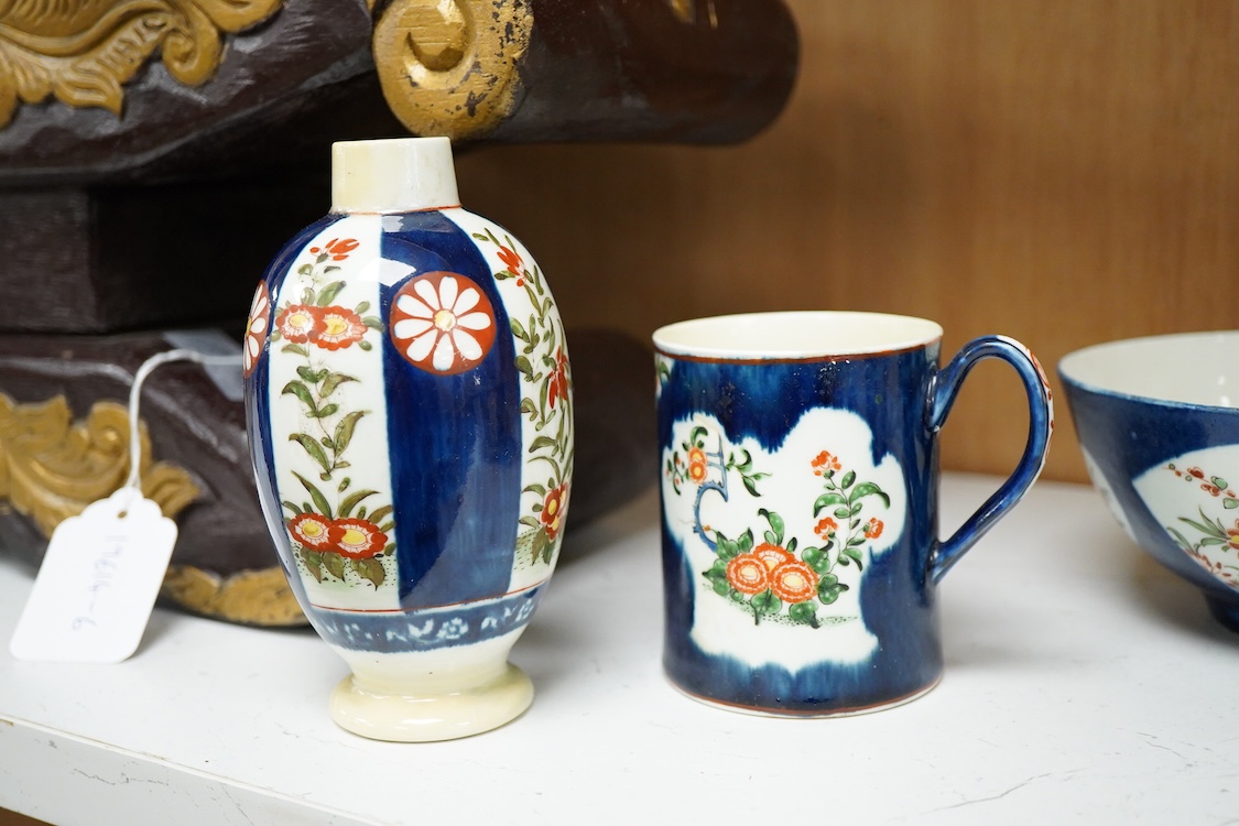 18th century Worcester kakiemon style porcelain comprising a tea caddy, mug and two slops bowls, largest 14cm high